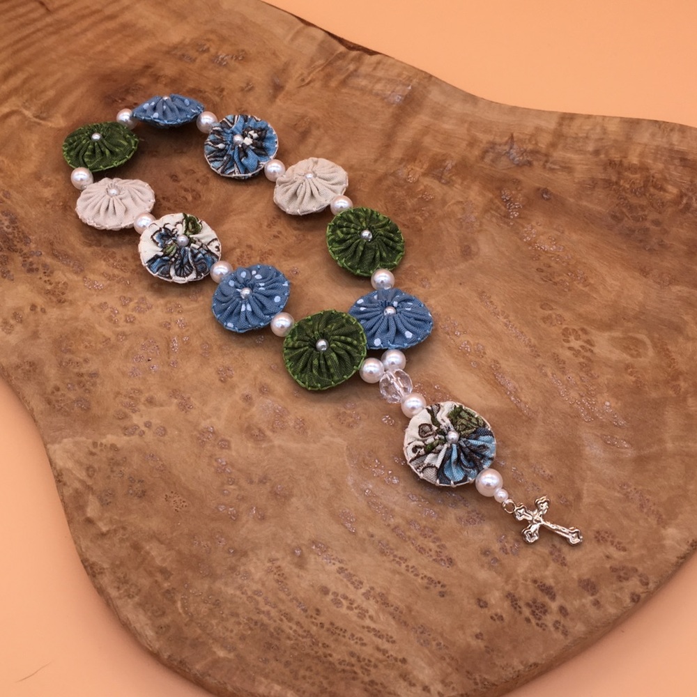 Handmade fabric Rosary with yoyo flowers